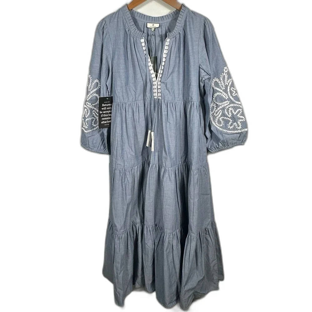 Tuckernuck Cotton Chambray Embroidered Salty Paloma Caftan Dress NWT Size Small - Picture 2 of 16